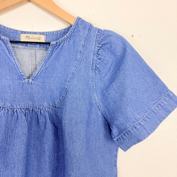 Madewell Denim Popover Swing Puff Sleeve Top Size M Blue Cotton Linen Blend - Picture 5 of 15